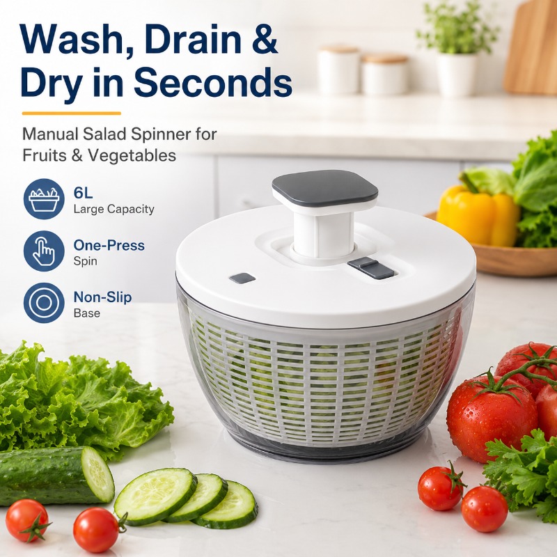 Salad Spinner - Büyük 6L Salata Kurutucu, Manuel Baskılı