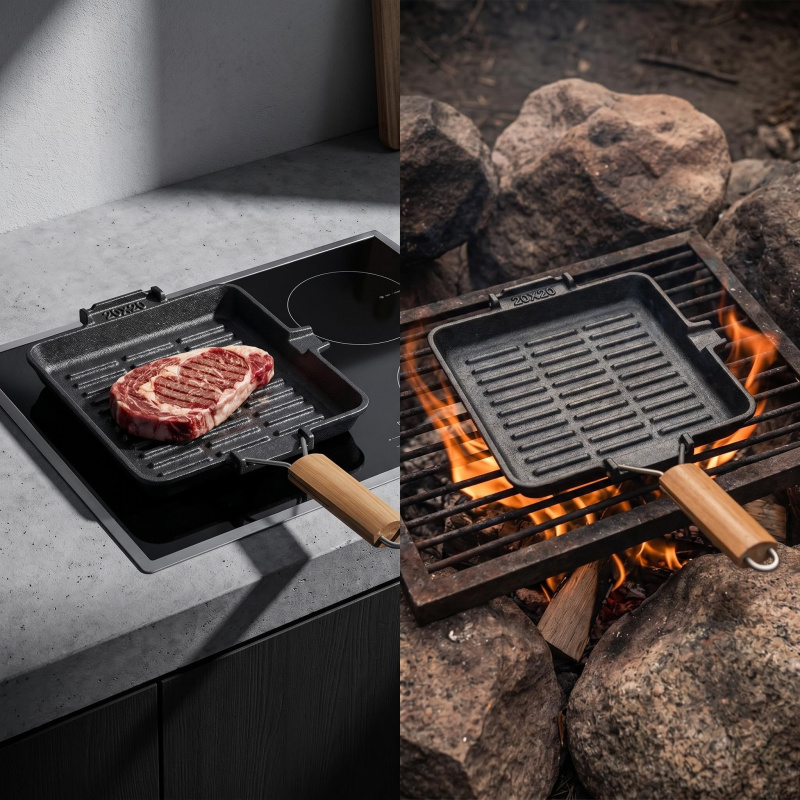 Cast Iron Skillet - Katlanabilir ahşap saplı, kare ve yuvarlak