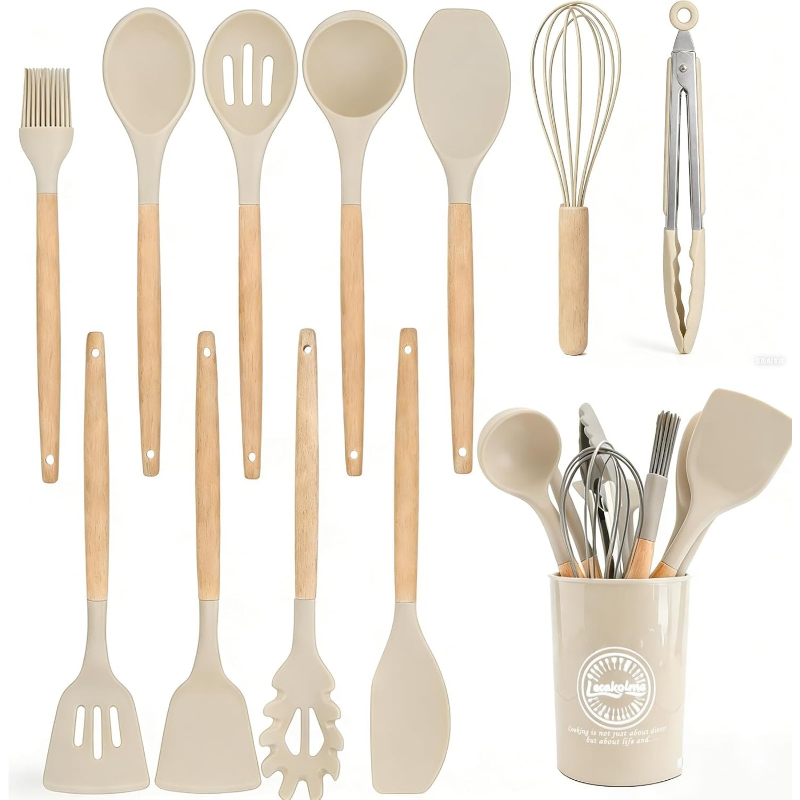 Kitchen Gadgets And Utensils - Ahşap Saplı Silikon Mutfak Gereçleri Seti